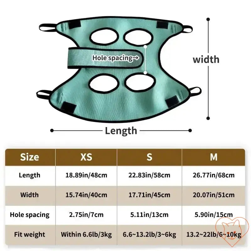 Size chart for Cat Grooming Hammock Helper showing dimensions and fit for XS, S, and M sizes.