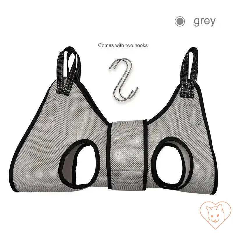 Cat Grooming Hammock Helper in gray, featuring two hooks for secure grooming.