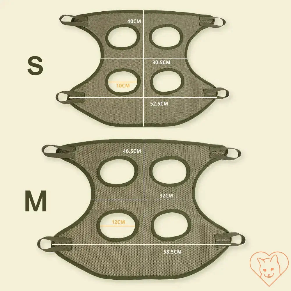 Size chart for Cat Grooming Hammock, showing dimensions for Small and Medium sizes.