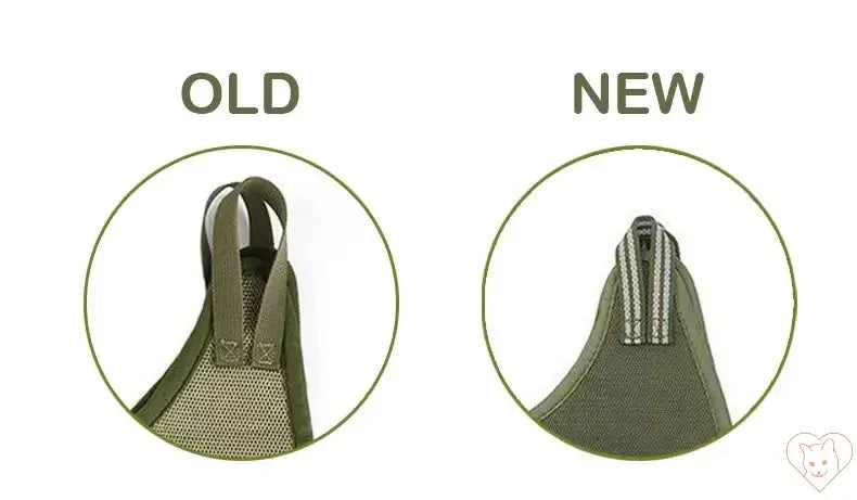 Comparison of old and new cat grooming hammock designs showcasing updated straps and features.