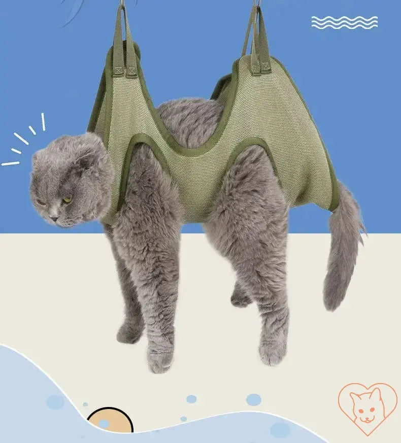 Comfortable cat grooming hammock for safe nail cutting and bathing in durable polyester.