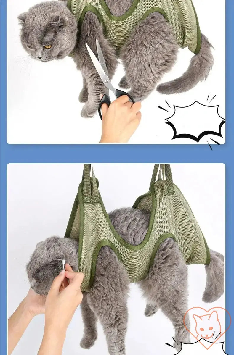 Cat Grooming Hammock securely holding a fluffy gray cat during nail trimming, showcasing safety and comfort.