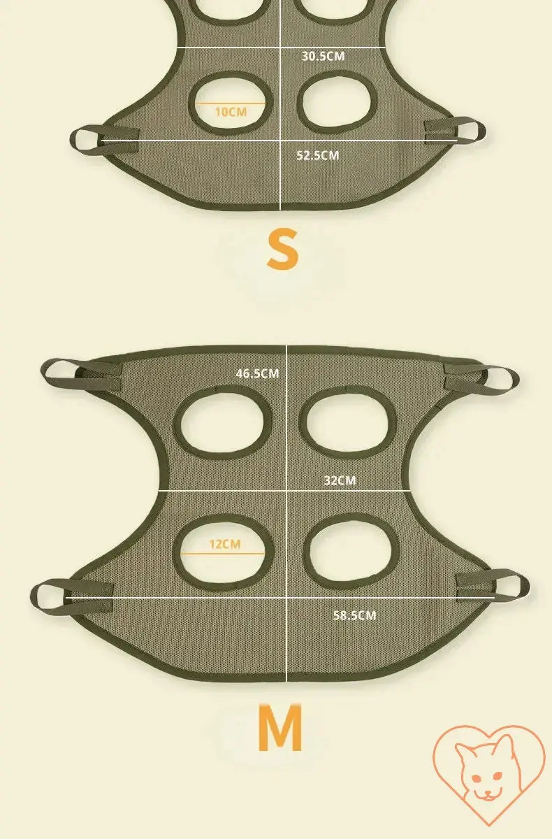 Sizing chart for Cat Grooming Hammock, showing dimensions for small and medium sizes in durable, breathable fabric.