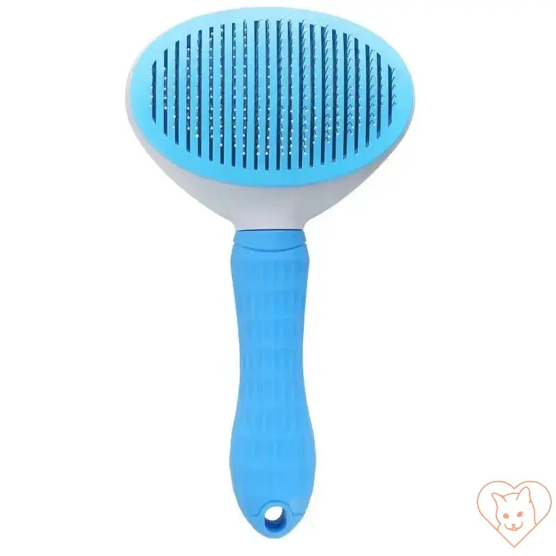 Cat hair brush with stainless steel bristles and blue ergonomic handle for grooming short and long-haired cats.