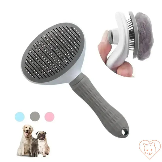 Cat hair brush featuring stainless steel bristles and ergonomic handle, ideal for grooming short and long-haired cats.