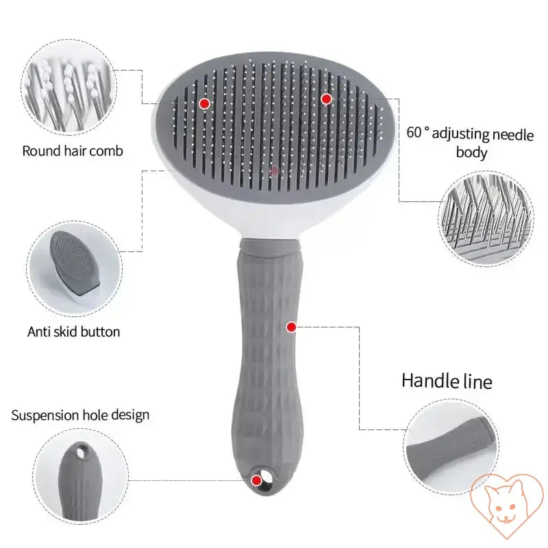 Cat hair brush features adjustable stainless steel bristles, anti-skid handle, and ergonomic design for effective grooming.