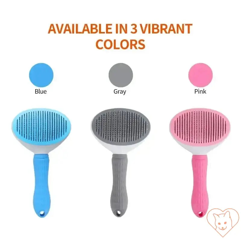 Cat hair brush in blue, gray, and pink, showcasing three vibrant color options for grooming pets.