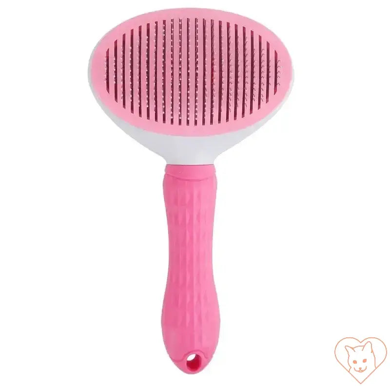 Cat hair brush with stainless steel bristles and pink handle for grooming short and long-haired cats.