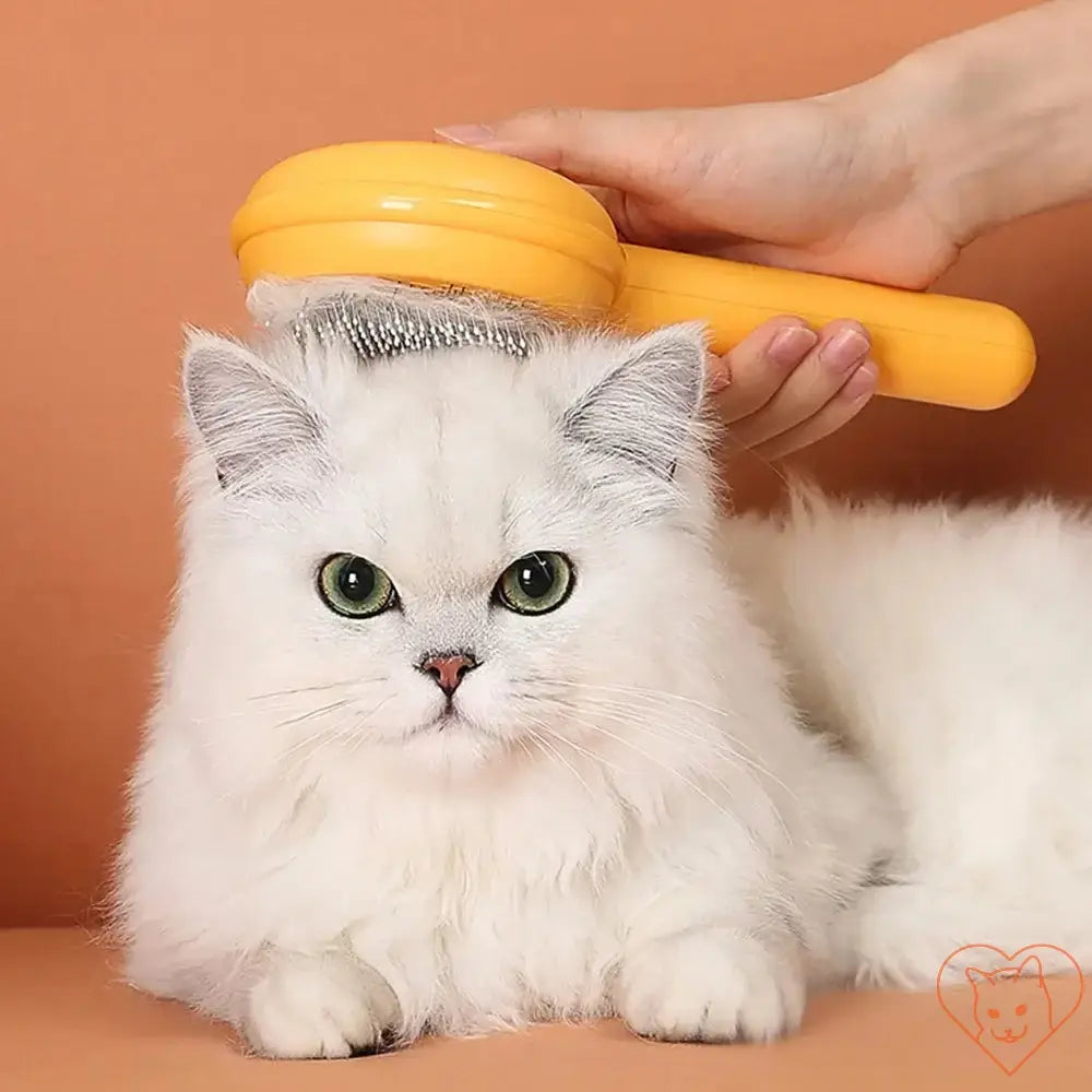 Cat being groomed with a yellow hair removal brush, showcasing a tangle-free grooming experience.