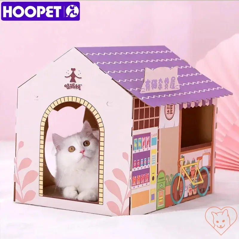 Cozy cat house with scratching post featuring a playful design and a white cat peeking out.