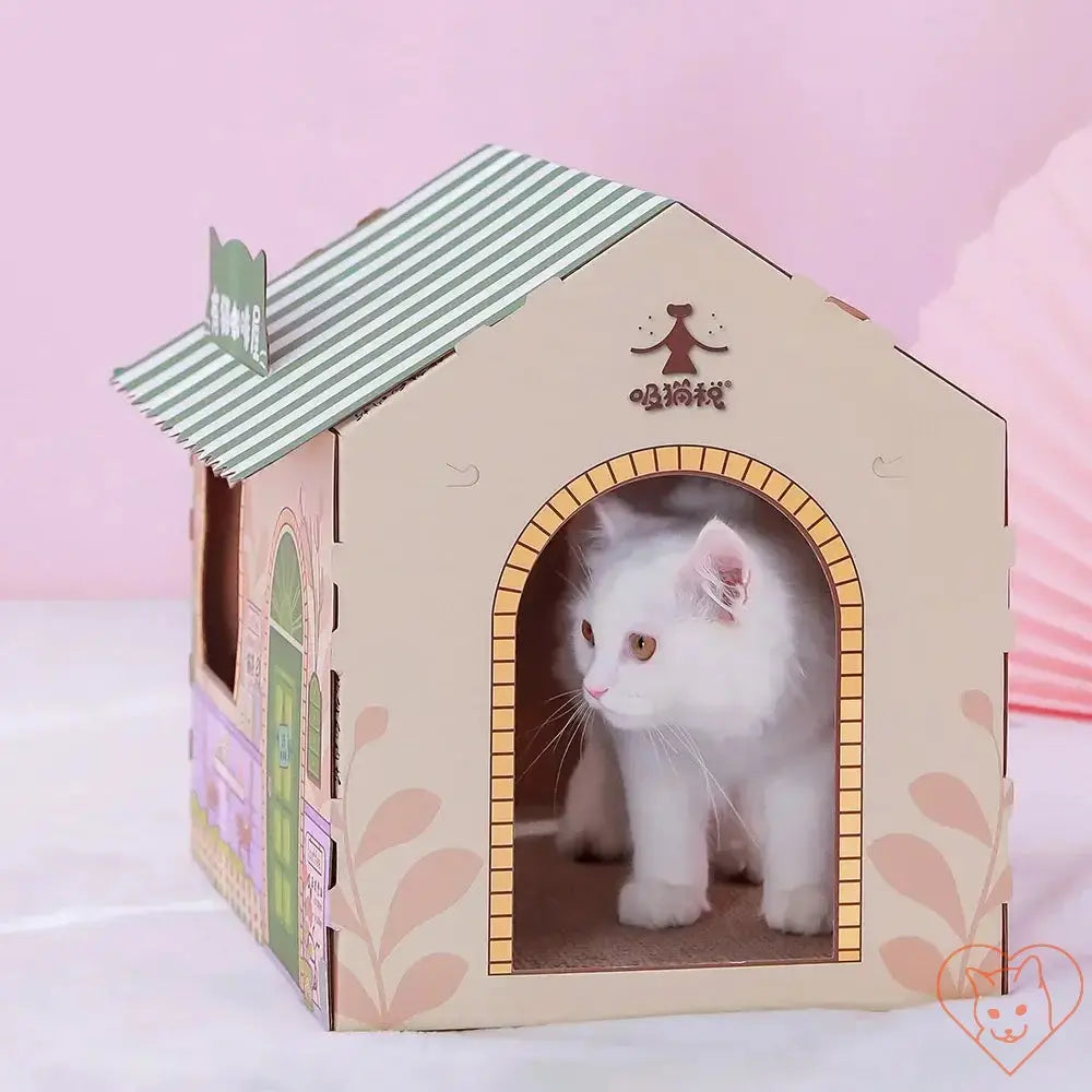 White cat sitting inside colorful cardboard cat house with scratching post.