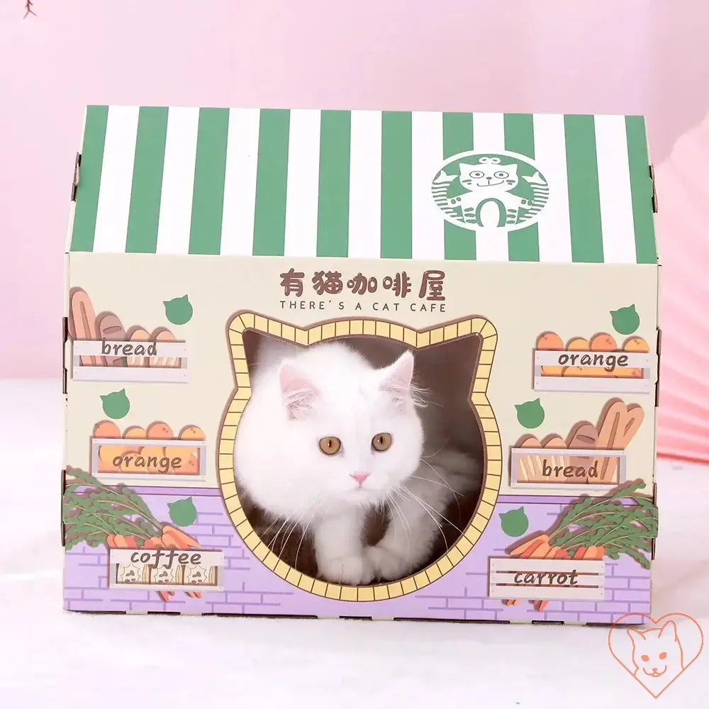 White cat peeking out from a cute, colorful cat house with food illustrations.