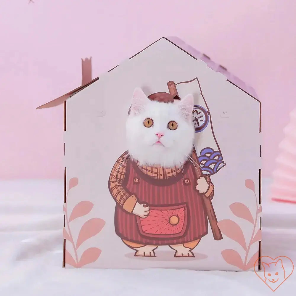 Adorable cat peeking out of a cute illustrated house, highlighting playful design and comfort.