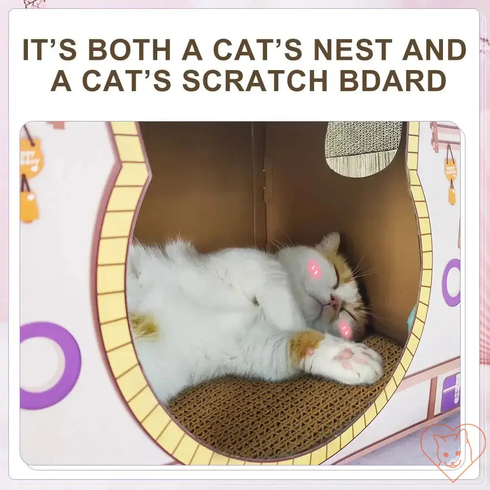 Cozy cat resting inside a cat house with a scratching post, combining relaxation and play.