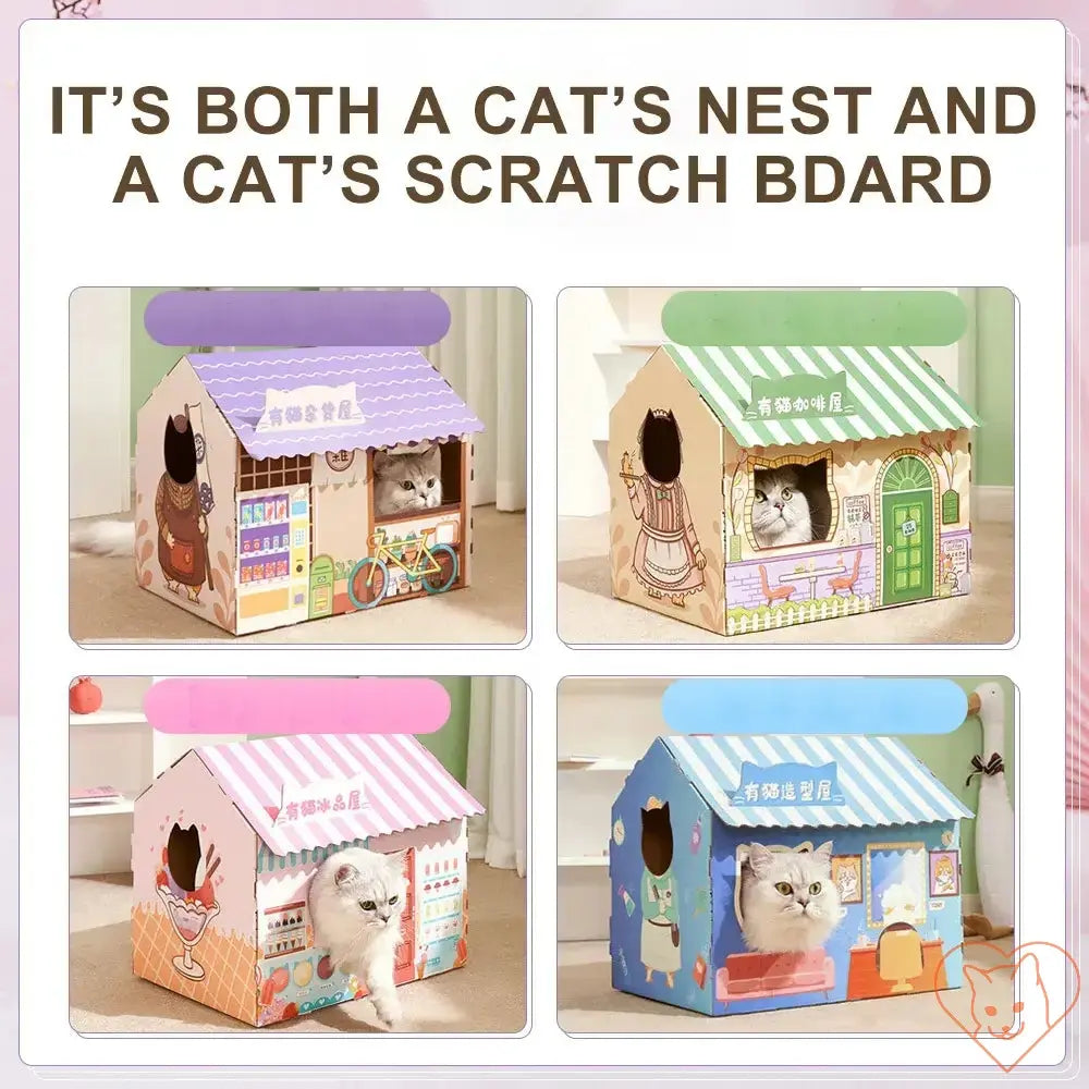 Cat house with scratching post featuring cozy design and playful elements for feline fun and relaxation.