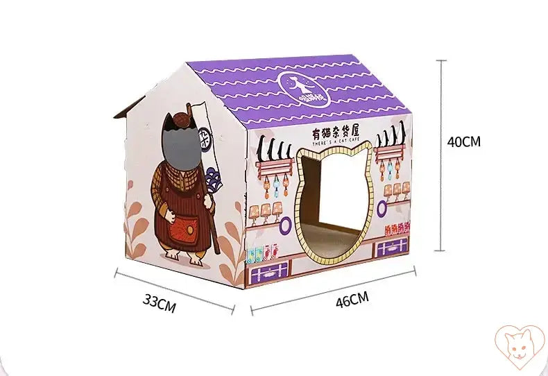 Colorful cat house with scratching post, measuring 46cm x 33cm x 40cm, designed for feline play and relaxation.