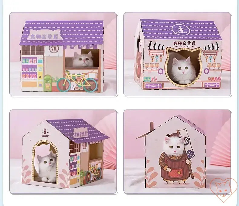 Cat inside a colorful cardboard house with a scratching post, showcasing playful and cozy design for feline comfort.