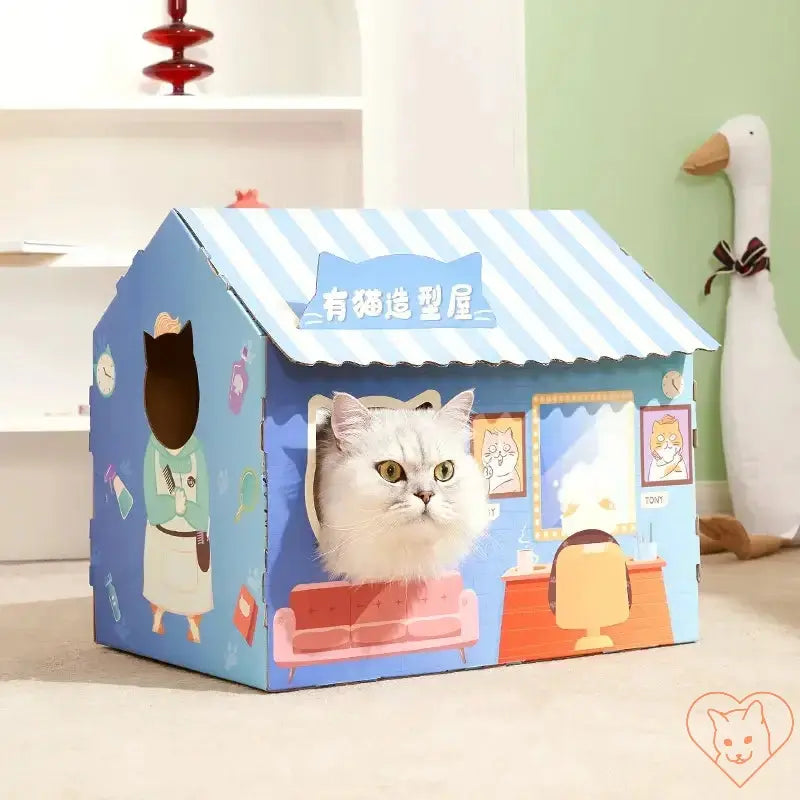 Cat peeking out from colorful cat house with scratching post, perfect play and relaxation spot for felines.