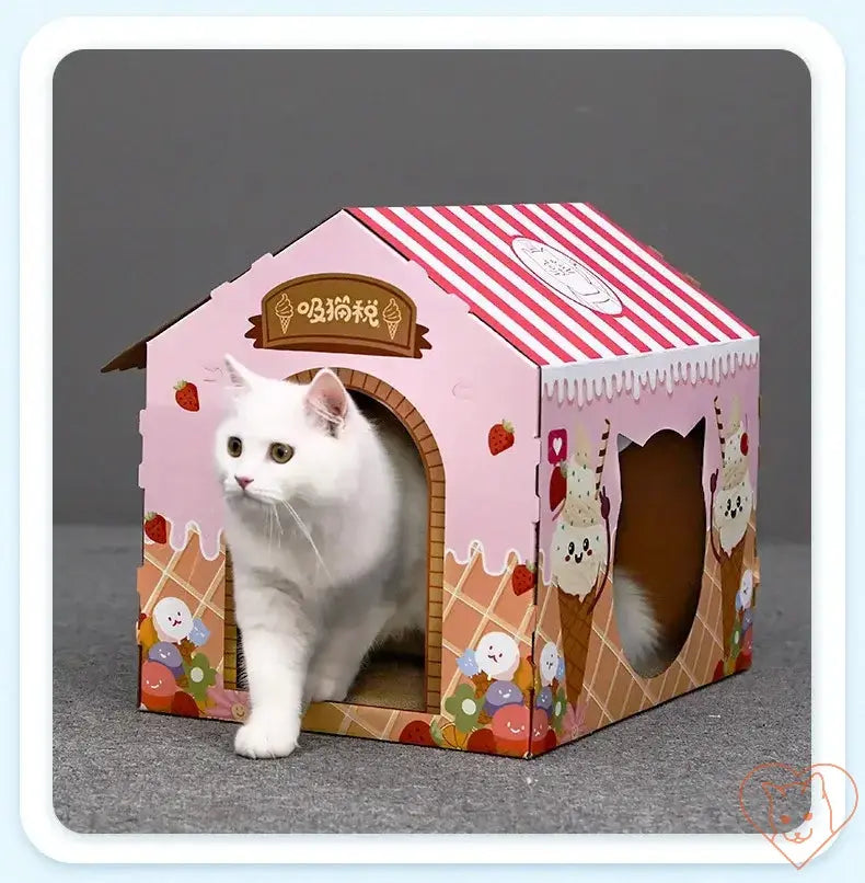 White cat exiting a colorful, playful cat house designed for relaxation and play.