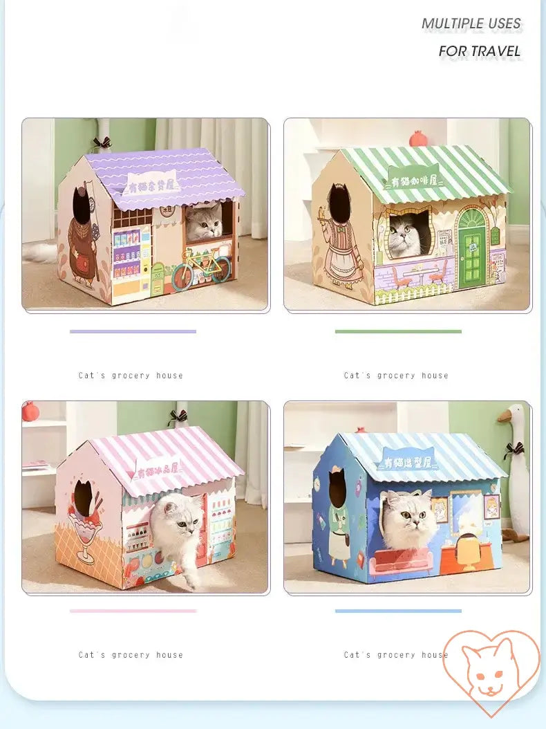 Colorful cat houses for play and travel with cute designs and multiple openings for feline fun.