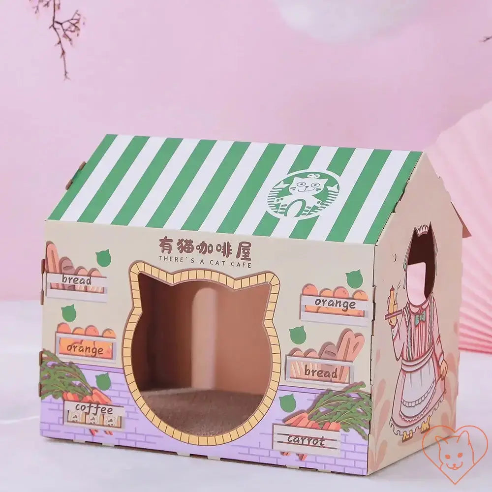 Cat house with playful cafe design, featuring a scratching post and cozy resting area for felines.