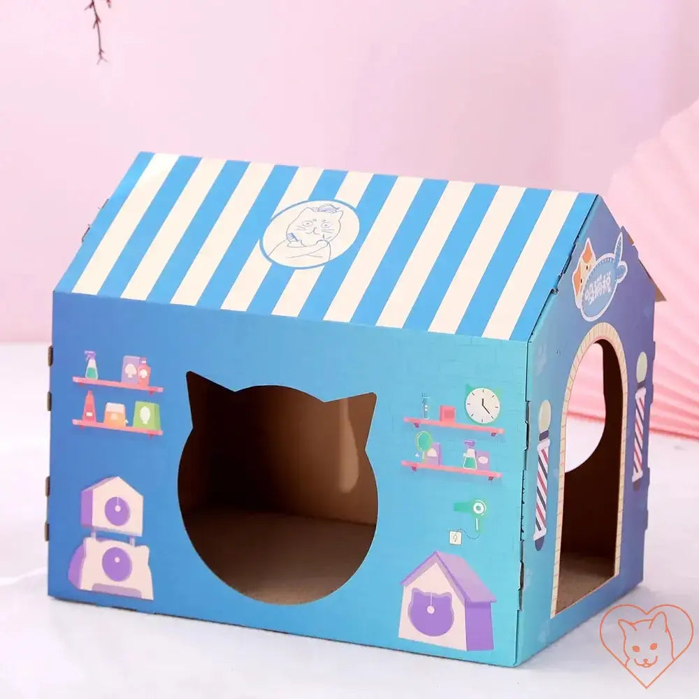 Colorful cat house with scratching post, perfect for relaxation and play, designed for feline comfort.