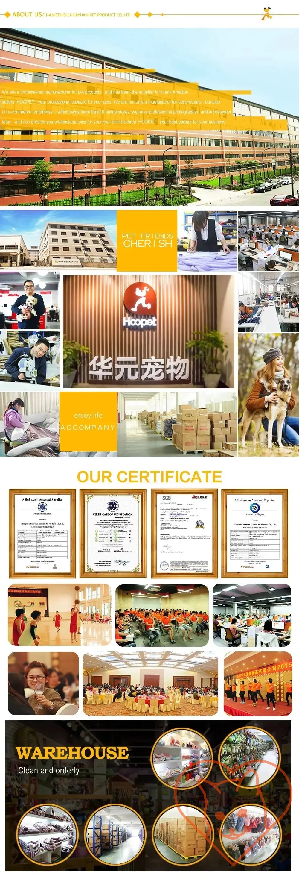 Collage of images showcasing a pet supply company, including warehouse, certificates, and facilities.