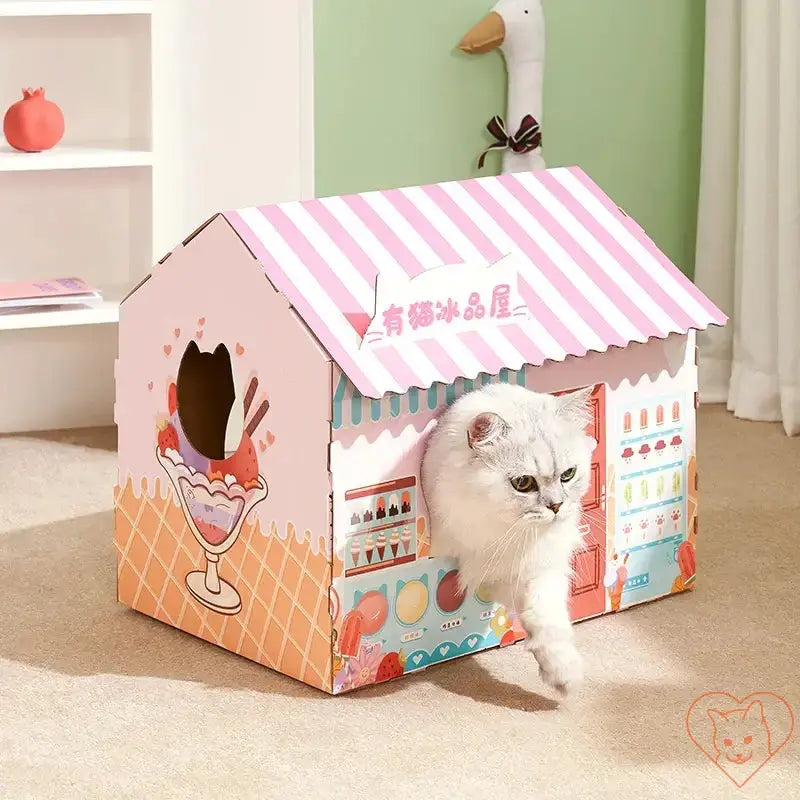 Cute cat exiting a colorful ice cream shop-themed house with a playful design.