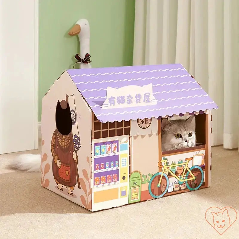 Cat house with scratching post featuring a cozy design and a playful cat peeking from the window.