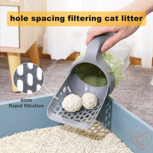 Cat litter scoop with hole spacing design for easy filtration of clumps and mess-free cleanup.