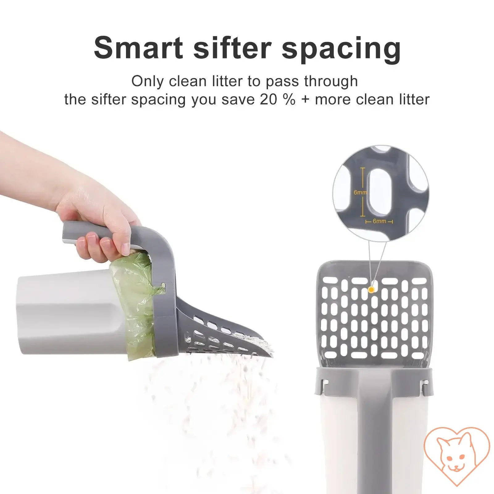 Smart sifter spacing for cat litter scoop, allowing only clean litter to pass through for efficient cleaning.