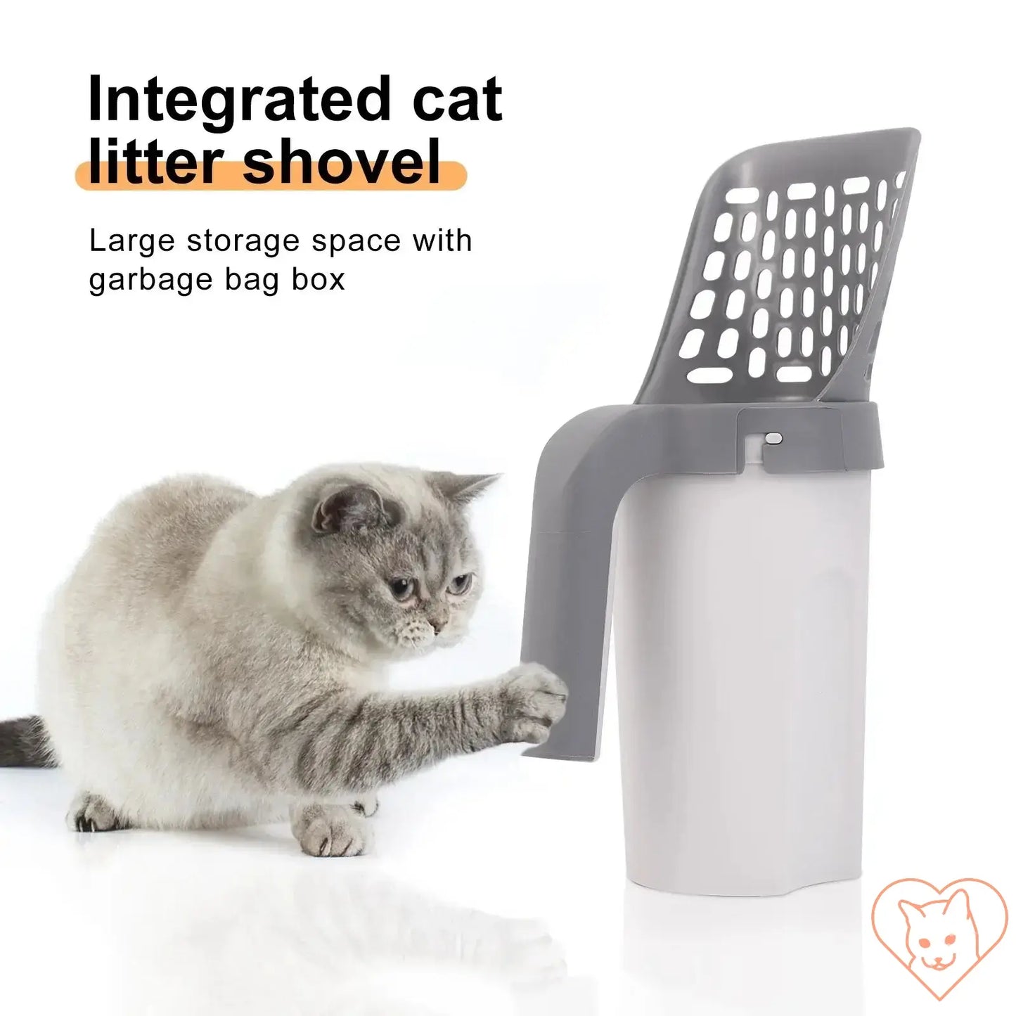 Cat using integrated litter shovel with garbage bag box for easy cleanup and storage.