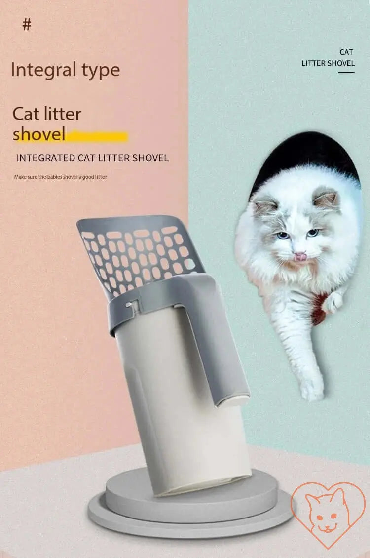 Cat litter scoop displayed next to a fluffy cat, showcasing an integrated design for easy litter cleanup.