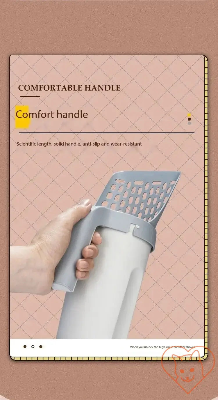 Hand holding a cat litter scoop featuring a comfort handle, designed for easy and efficient waste disposal.