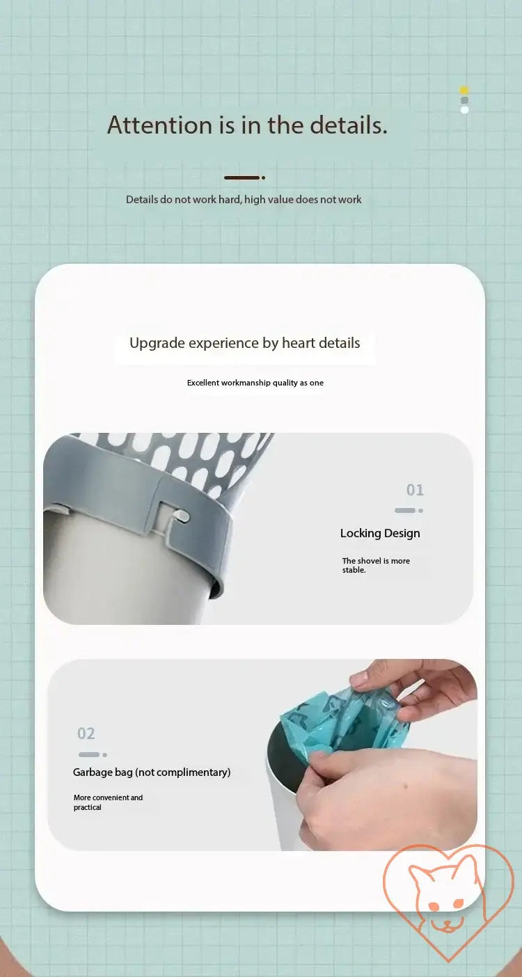 Illustration showing locking design and garbage bag feature for upgraded experience in waste management.