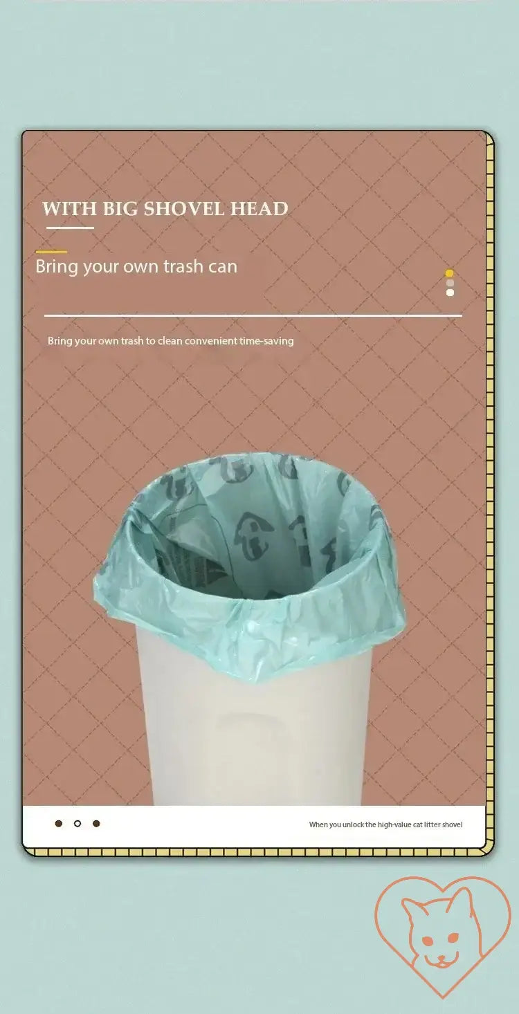 Trash can with big shovel head and blue liner for easy waste disposal and time-saving cleanup.