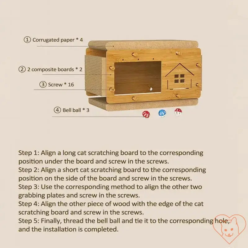 Instructions for assembling a cat scratcher box with labeled parts and steps for easy installation.