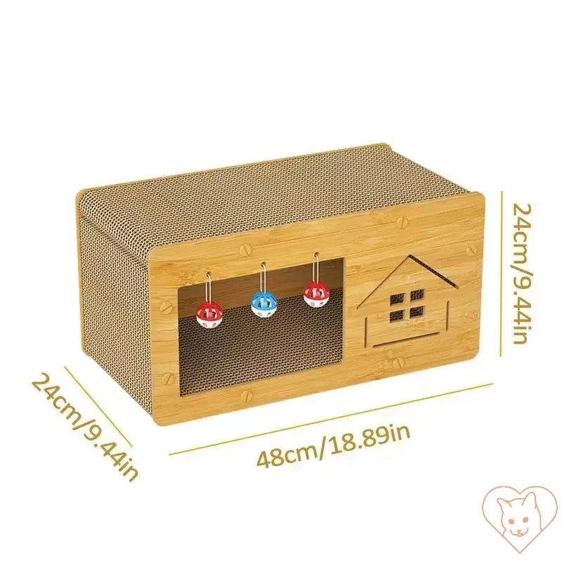 Durable cat scratcher box with lounge space, featuring playful hanging toys and cozy design for feline relaxation.