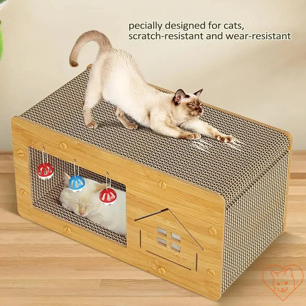 Cat Scratcher Box featuring a cozy lounge area and durable, scratch-resistant materials for playful cats.