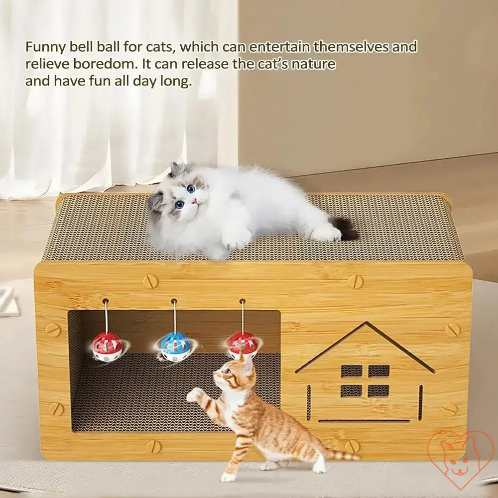 Cat scratcher box with a playful kitten on top, featuring colorful bells for entertainment and relaxation.