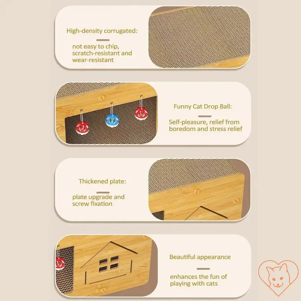 Features of the cat scratcher box: high-density corrugated material, fun drop balls, thickened plate, and stylish design.