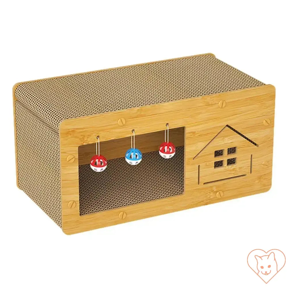 Cat scratcher box with a cozy lounge space and hanging toys, made from durable corrugated paper and bamboo.