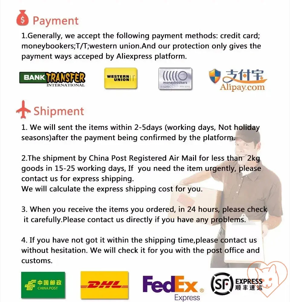 Payment and shipment policy details for online orders on the platform.