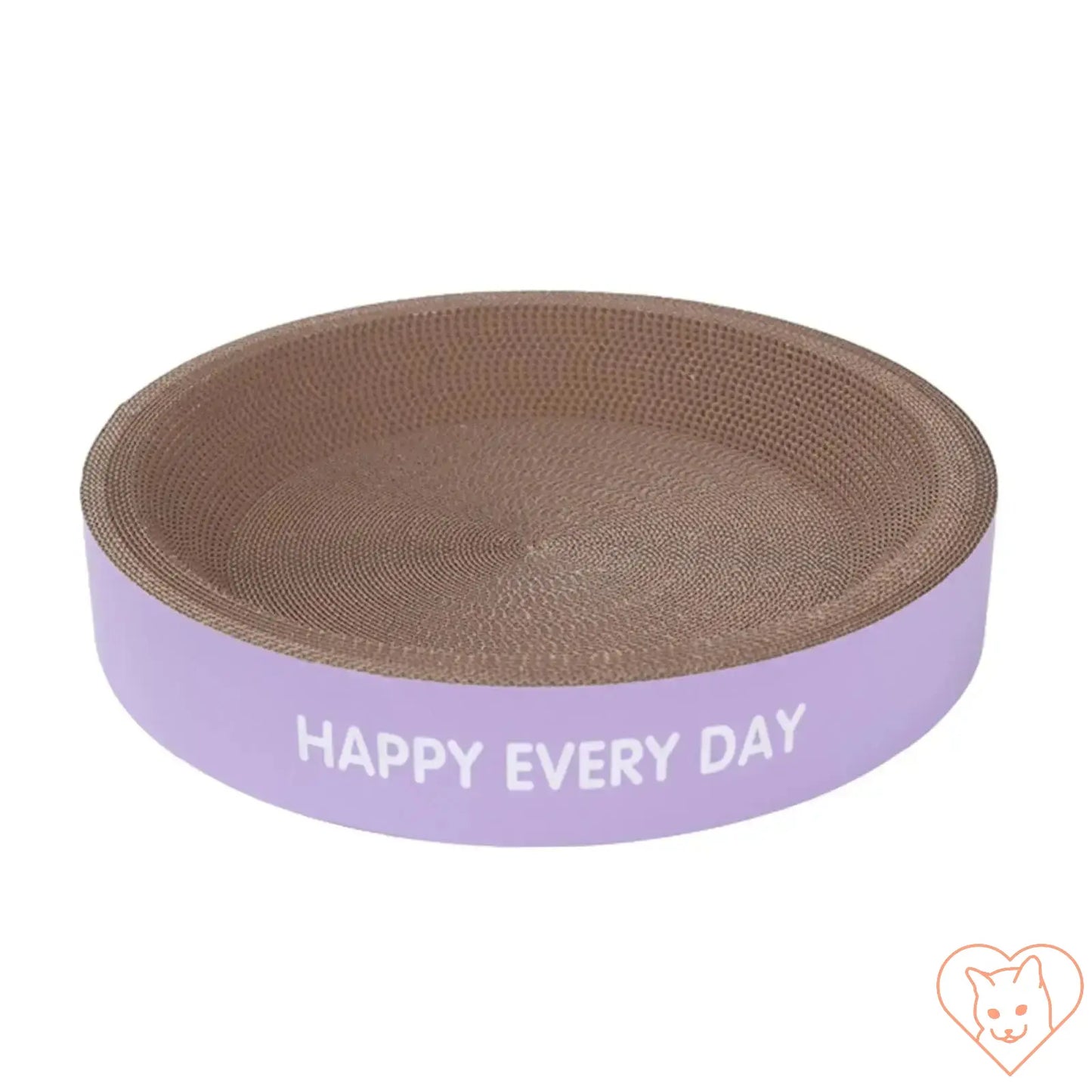 Cat scratching pad with purple rim labeled 'Happy Every Day', designed for interactive play and relaxation.