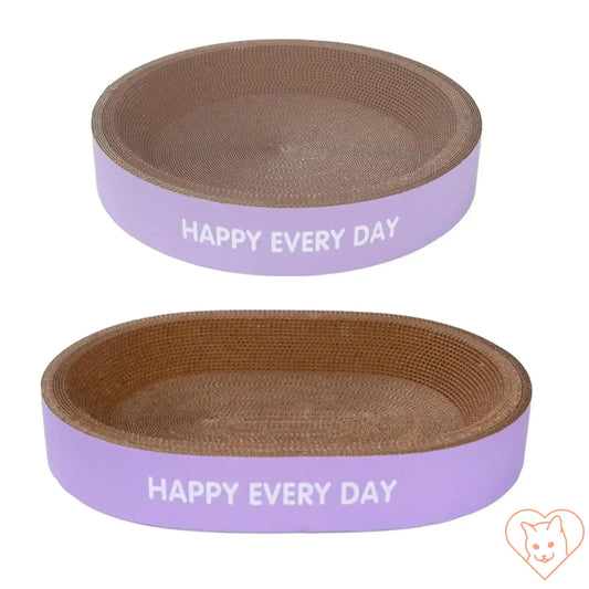 Cat scratcher cardboard bed with printed 'HAPPY EVERY DAY', ideal interactive toy for pets.