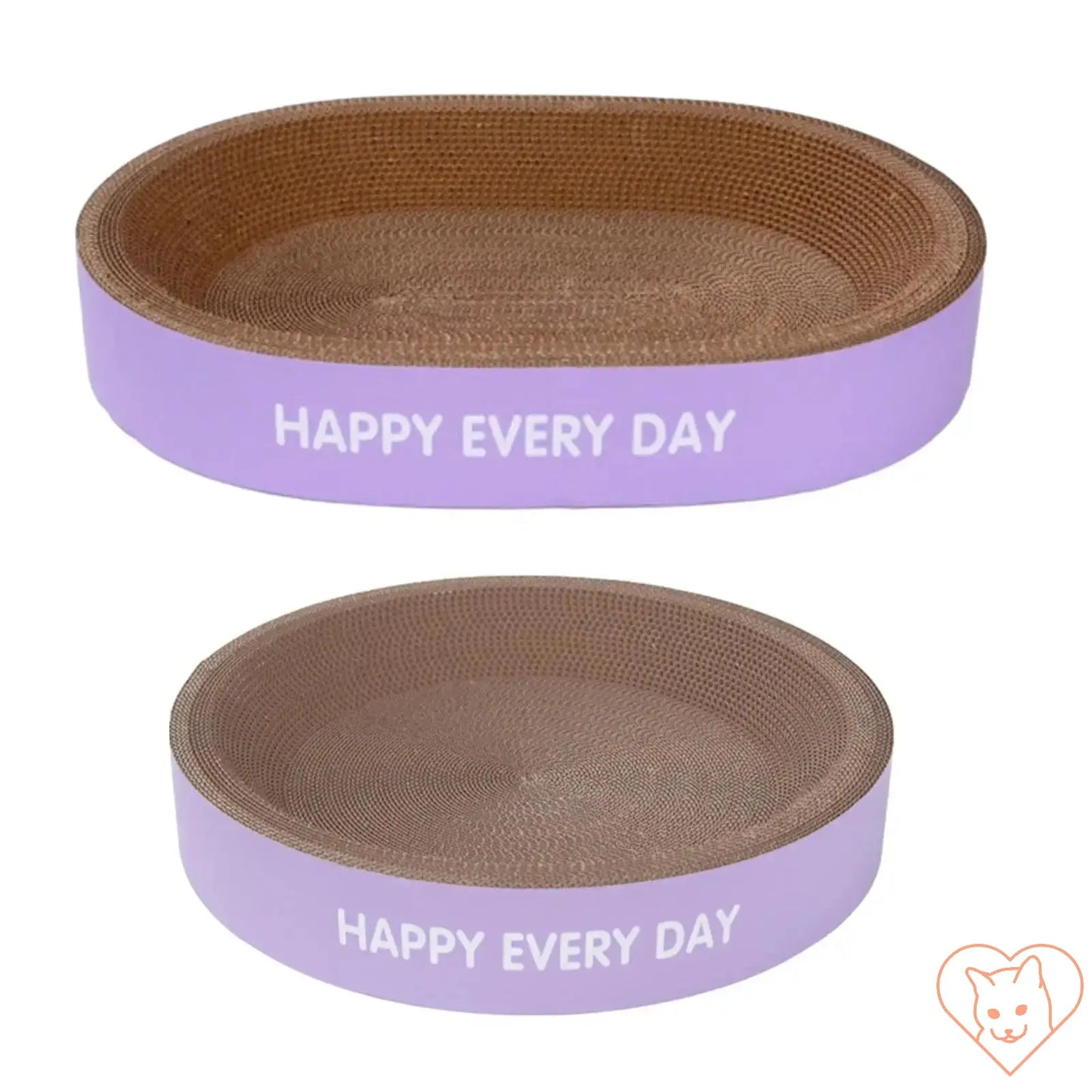 Stylish cat scratcher cardboard lounge bed with 'HAPPY EVERY DAY' text, perfect for interactive play and relaxation.