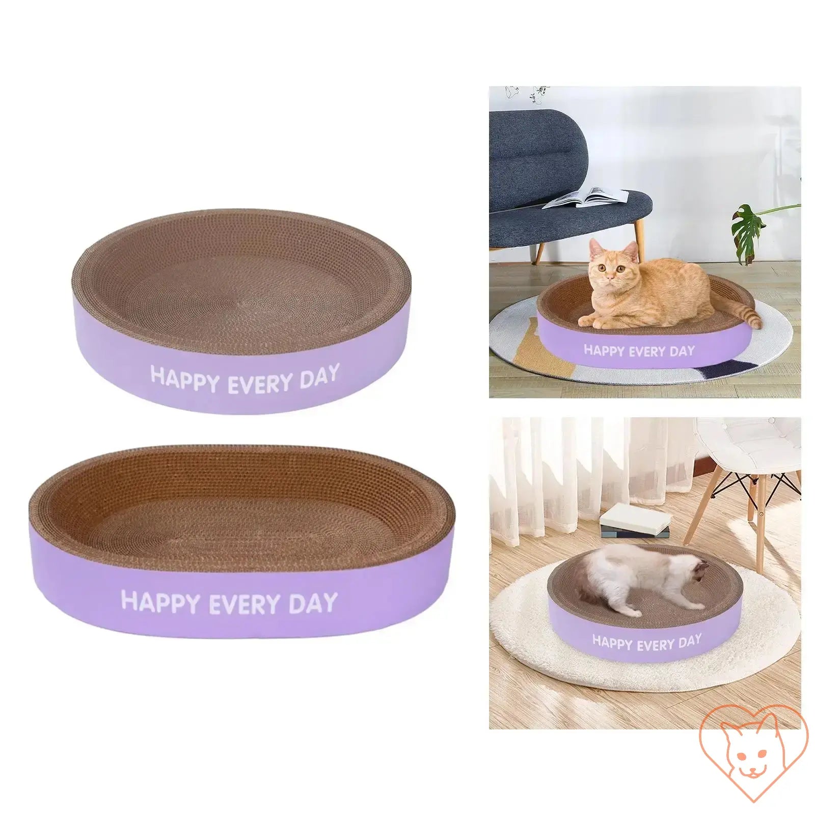 Cat scratcher lounge bed with a purple edge featuring "Happy Every Day" and kittens lounging in various settings.