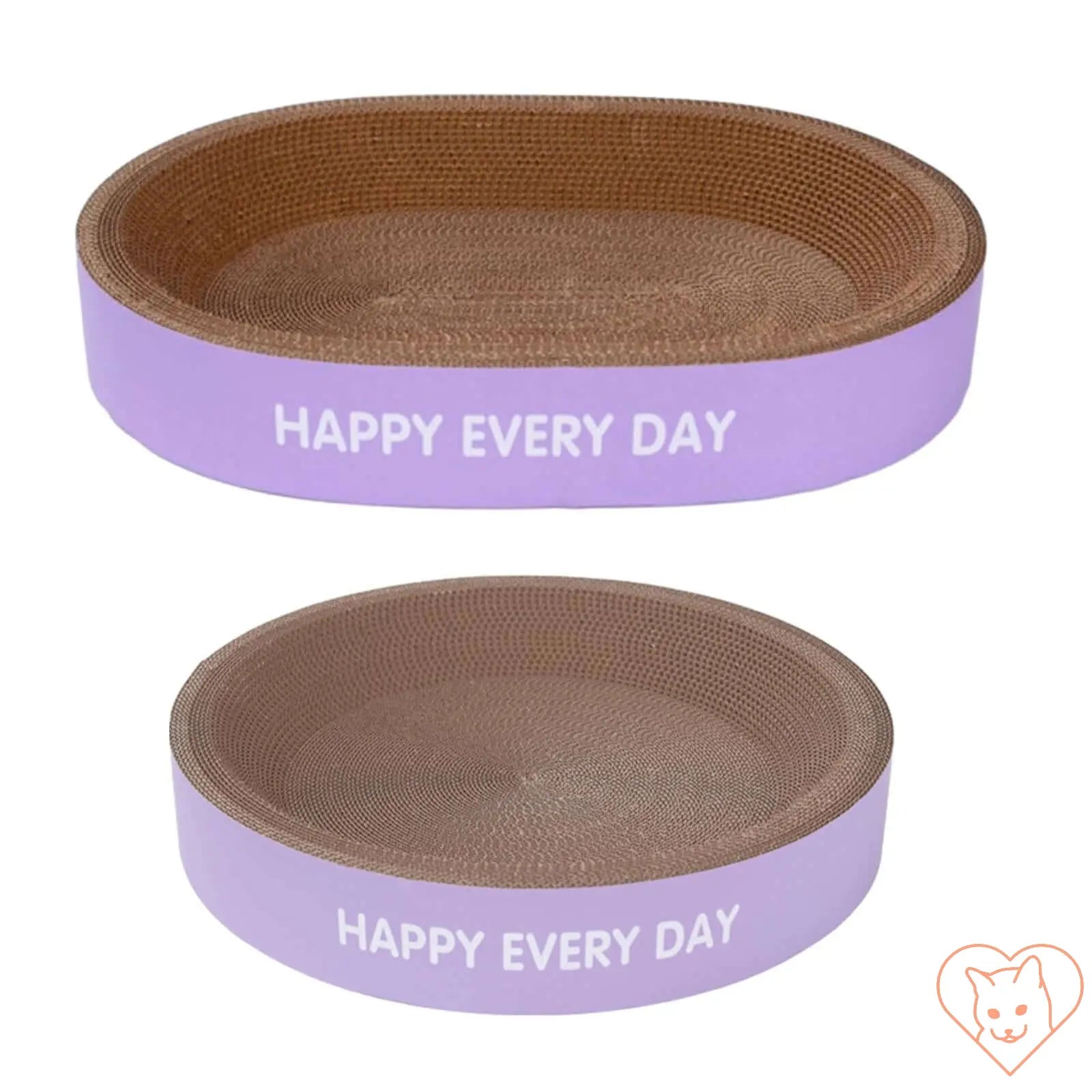 Cat scratcher lounge bed in purple with 'HAPPY EVERY DAY' design, ideal for scratching and relaxing.