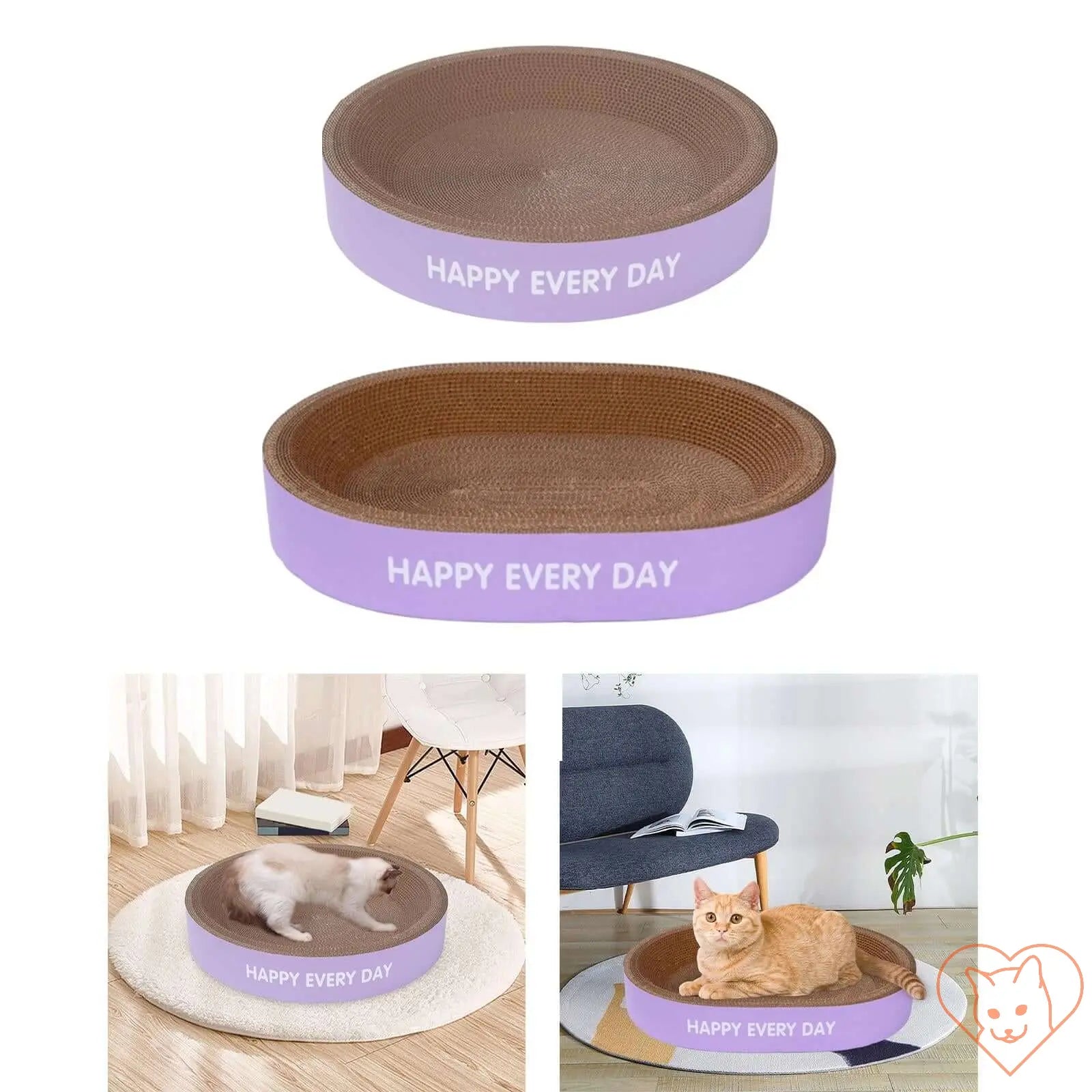 Interactive cardboard cat scratcher and lounge bed, perfect for pet play and relaxation, featuring 'Happy Every Day' design.