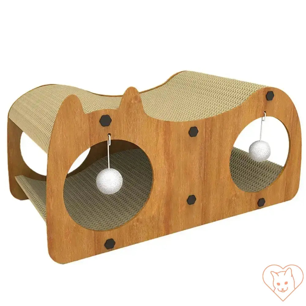 Cat scratcher tunnel and play house with openings and hanging toy for indoor cats, wooden design.